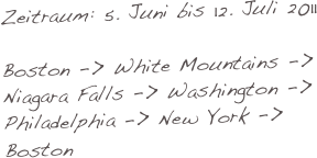 Zeitraum: 5. Juni bis 12. Juli 2011

Boston -> White Mountains -> Niagara Falls -> Washington -> Philadelphia -> New York -> Boston